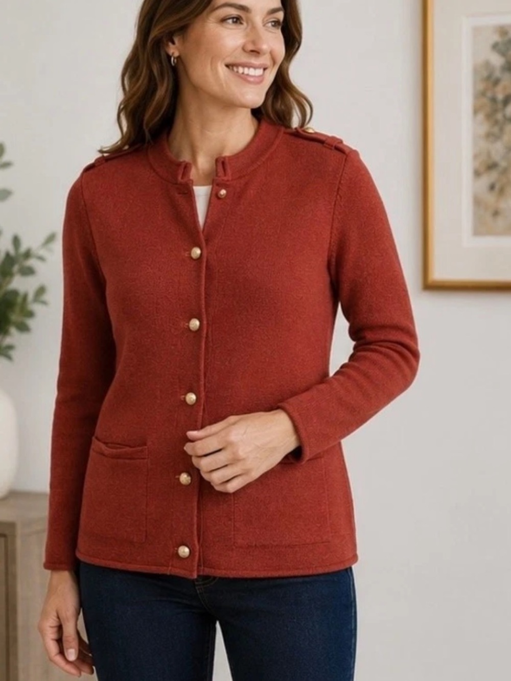 Talbots Merino Wool Blend Military Style Sweater Jacket Size Medium Rust Paprika